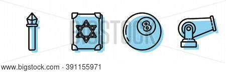 Set Line Magic Ball Of Predictions, Magic Staff, Ancient Magic Book And Cannon Icon. Vector