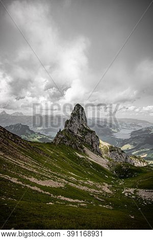 Landscape With Swiss Alps Mountains And Green Nature. Photo Taken At Fluebrig.