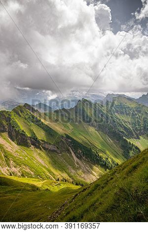 Landscape With Swiss Alps Mountains And Green Nature. Photo Taken At Fluebrig.