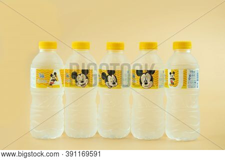 Bangkok, Thailand - October 23, 2020 : Singha Drinking Water Mickey Mouse Collection Size 330 Ml. Th