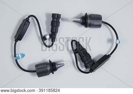 Led Car Lights On A White Background. Mounting Base Hb4.