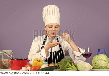 Taste The Taste. Ready To Cook New Dish. Fresh Vegetarian Salad. Chef Cook In Commercial Kitchen. Pr