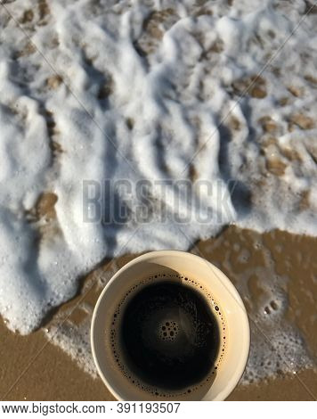 Summer Morning With Black Coffee On The Beach By The Sea