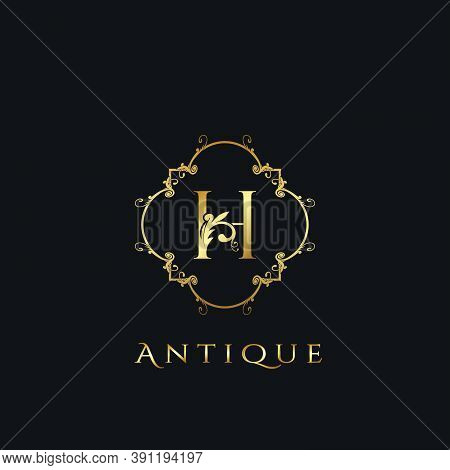 Luxury Letter H Logo. Antique Golden Frame Vector Template Design Concept Ornate Swirl For Hotel, Bo