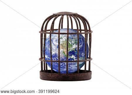 Planet Earth trapped in old rusty cage isolated on white. Lockdown concept. Earth photo provided by Nasa.