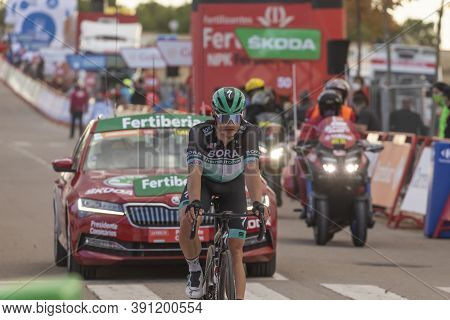 Ejea De Los Caballeros, Spain - October 23, 2020: Cyclists, Athletes, In The Area Of The Finish Line