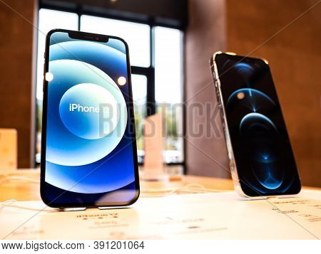 Paris, France - Oct 23, 2020: Hero Object Of The New Iphone 12 And Iphone 12 Pro On Display During L