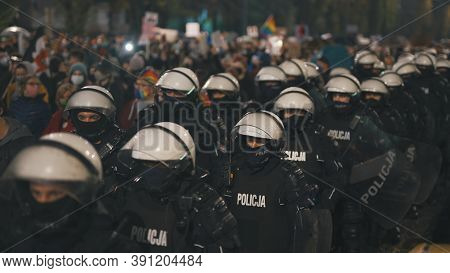 Warsaw, Poland 23.10.2020 - Protest Against Polands Abortion Laws. Police In Full Uniform With Shiel