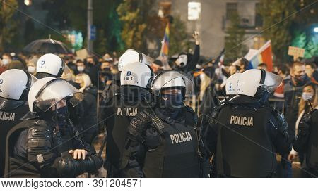 Warsaw, Poland 23.10.2020 - Protest Against Polands Abortion Laws. Police In Full Uniform With Shiel