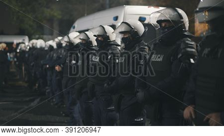 Warsaw, Poland 23.10.2020 - Protest Against Polands Abortion Laws. Police In Full Uniform With Shiel