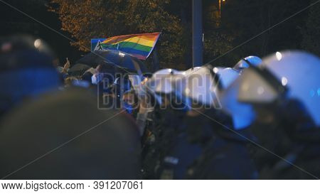 Warsaw, Poland 23.10.2020 - Protest Against Polands Abortion Laws. Police In Full Uniform With Shiel