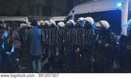 Warsaw, Poland 23.10.2020 - Protest Against Polands Abortion Laws. Police In Full Uniform With Shiel