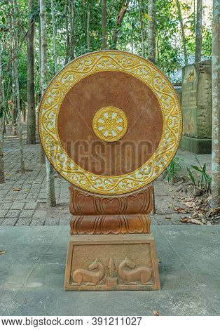 Thammachak Symbol In Thailand Temple Is Carved From Stone As A Symbol Of Buddhism.