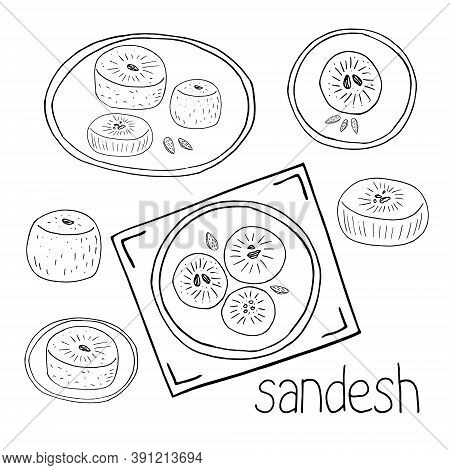 Traditional Indian Sweets Sandesh On A Plate Set Sketch Hand Drawn Icon Concepts Collection Of Vecto