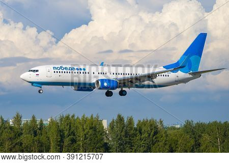 Saint Petersburg, Russia - August 08, 2020: Boeing 737-800 (vp-bgr) Of Pobeda Airlines Lands On Pulk