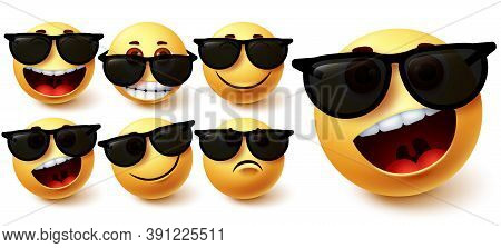 Emoji Vector Set. Emoji Character Wearing Glasses With Different Facial Expression Like Cute, Naught