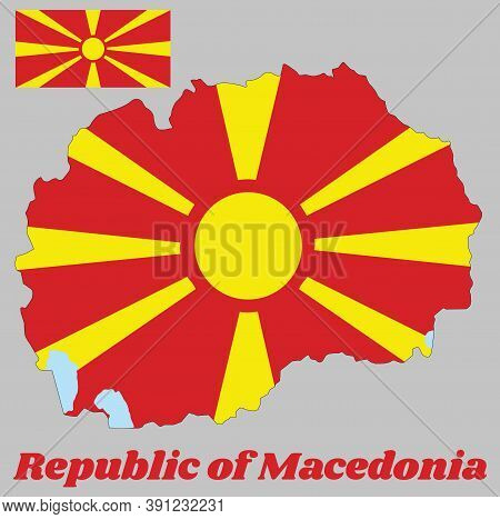 Map Outline And Flag Of Macedonia, A Stylised Yellow Sun On A Red Field, With Eight Broadening Rays 