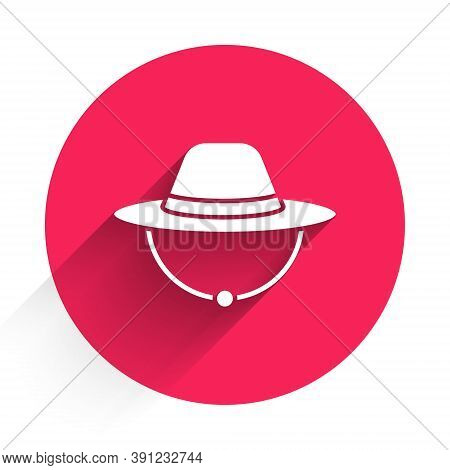 White Camping Hat Icon Isolated With Long Shadow. Beach Hat Panama. Explorer Travelers Hat For Hunti