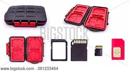 Memory And Sim Cards - Various Sizes Sd And Sim Cards With Card Holder Isolated On White Background.