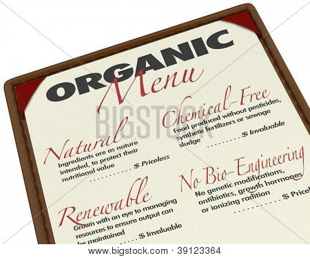 Un menu bio pour le classement des aliments contenant des ingrédients qui sont produites en agriculture biologique avec source naturelle