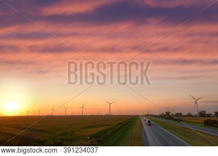 Wind Turbines. Power Plant With Wind Turbine, Clean Energy Generator Wind Turbine In Wind Farm.