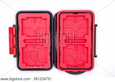 Small Useful Calling Card Or Memory Card Holder Isolated Over White Background. Card Holder To Carry