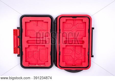 Small Useful Calling Card Or Memory Card Holder Isolated Over White Background. Card Holder To Carry