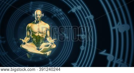Man Listening to Music Meditating in Earphones 3d Render