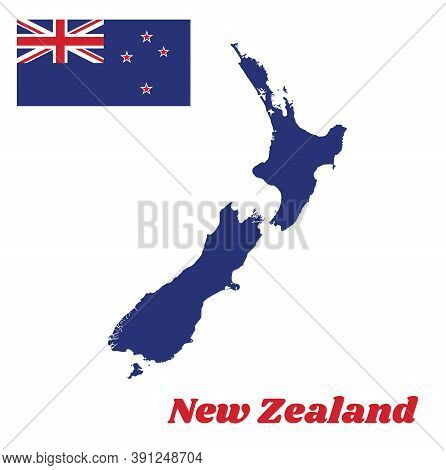 Map Outline And Flag Of New Zealand, A Blue Ensign With The Southern Cross Of Four White-edged Red F