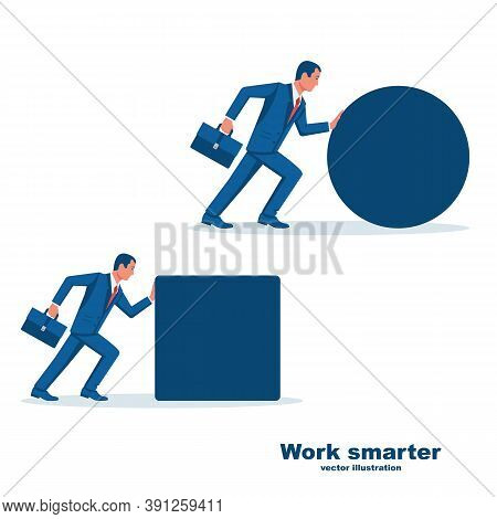 Work Smarter Concept. Winning Strategy. Two Businessmen Are On Their Way To Victory. Push Sphere And
