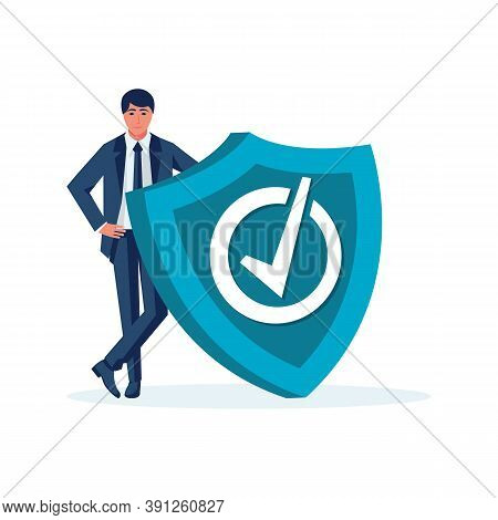 Businessman With Shield. Attack Protection Concept. Flat Vector Illustration Concept. Insurance Agen
