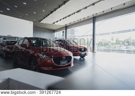 Bangsaen,thailand 2020, Car All New Mazda3 Mazda2 2020 Brand Japan Red  Color On Room Customer Deale