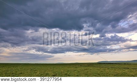 The Endless Green Savanna Stretches To The Horizon. Evening. Purple Clouds In The Rosy Sky. Kenya. A