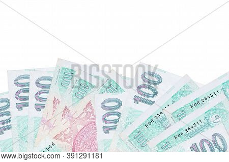 100 Czech Korun Bills Lies On Bottom Side Of Screen Isolated On White Background With Copy Space. Ba