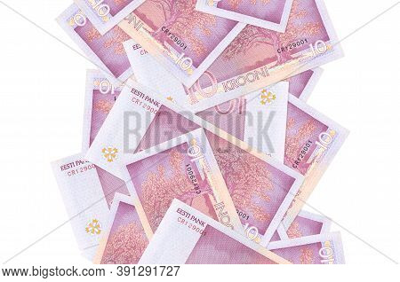 10 Estonian Kroon Bills Flying Down Isolated On White. Many Banknotes Falling With White Copyspace O