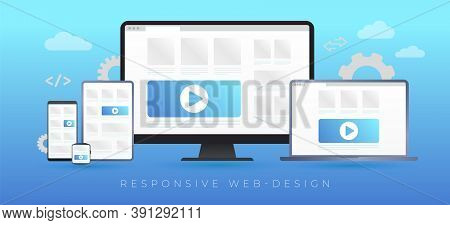 Responsive Website Design Vector Concept. Flat Design In Trendy Color, Seo Concept With Desktop, Lap