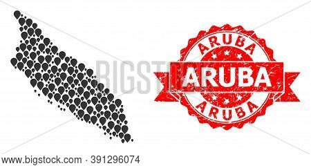 Pinpoint Collage Map Of Aruba Island And Scratched Ribbon Seal. Red Stamp Seal Contains Aruba Title 