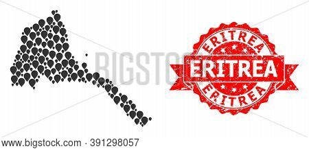 Pointer Mosaic Map Of Eritrea And Scratched Ribbon Watermark. Red Stamp Includes Eritrea Title Insid