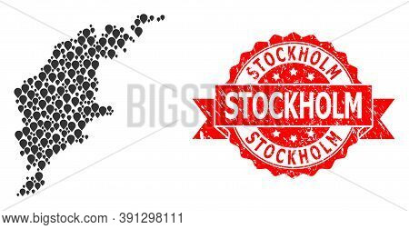 Pin Collage Map Of Gotland Island And Grunge Ribbon Watermark. Red Stamp Seal Includes Stockholm Tex