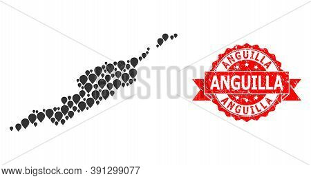 Marker Collage Map Of Anguilla Islands And Grunge Ribbon Stamp. Red Stamp Contains Anguilla Tag Insi