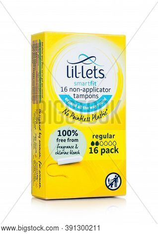 London, Uk - October 14, 2020: Box Of Lil-lets Non-applicator Tampons On White Background.