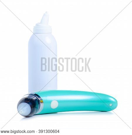 Nasal Spray With Electric Nasal Aspirator For Baby On White Background Isolation