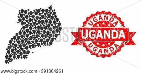 Mark Collage Map Of Uganda And Grunge Ribbon Stamp. Red Stamp Includes Uganda Tag Inside Ribbon. Abs
