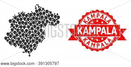 Pin Collage Map Of Teruel Province And Scratched Ribbon Stamp. Red Stamp Seal Contains Kampala Capti