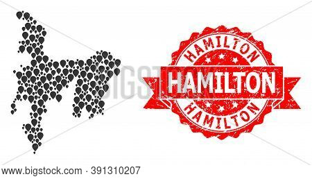Pinpoint Mosaic Map Of Hamilton Island And Scratched Ribbon Seal. Red Seal Contains Hamilton Text In