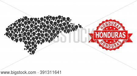 Pointer Collage Map Of Honduras And Grunge Ribbon Seal. Red Stamp Seal Includes Honduras Tag Inside 