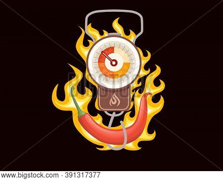 Hand Spring Scale Classic Scale Level Scoville Scale With Fire Flat Vector Illustration On Dark Back