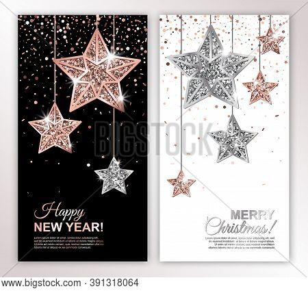 Happy New Year And Merry Christmas Vertical Banners Set With Rose Gold And Silver Hanging Stars On C