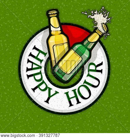 Happy hour with free beer in bottles. Brewery concept of poster for bar or pub with cheap drinks in discount time. Glass Bottles with foam splash on dial of clock. 3D illustration.