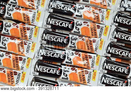 Many Nescafe Caramel Cream Coffee Sticks. Nescafe Is A Brand Of Coffee Made By Nestle, Swiss Multina